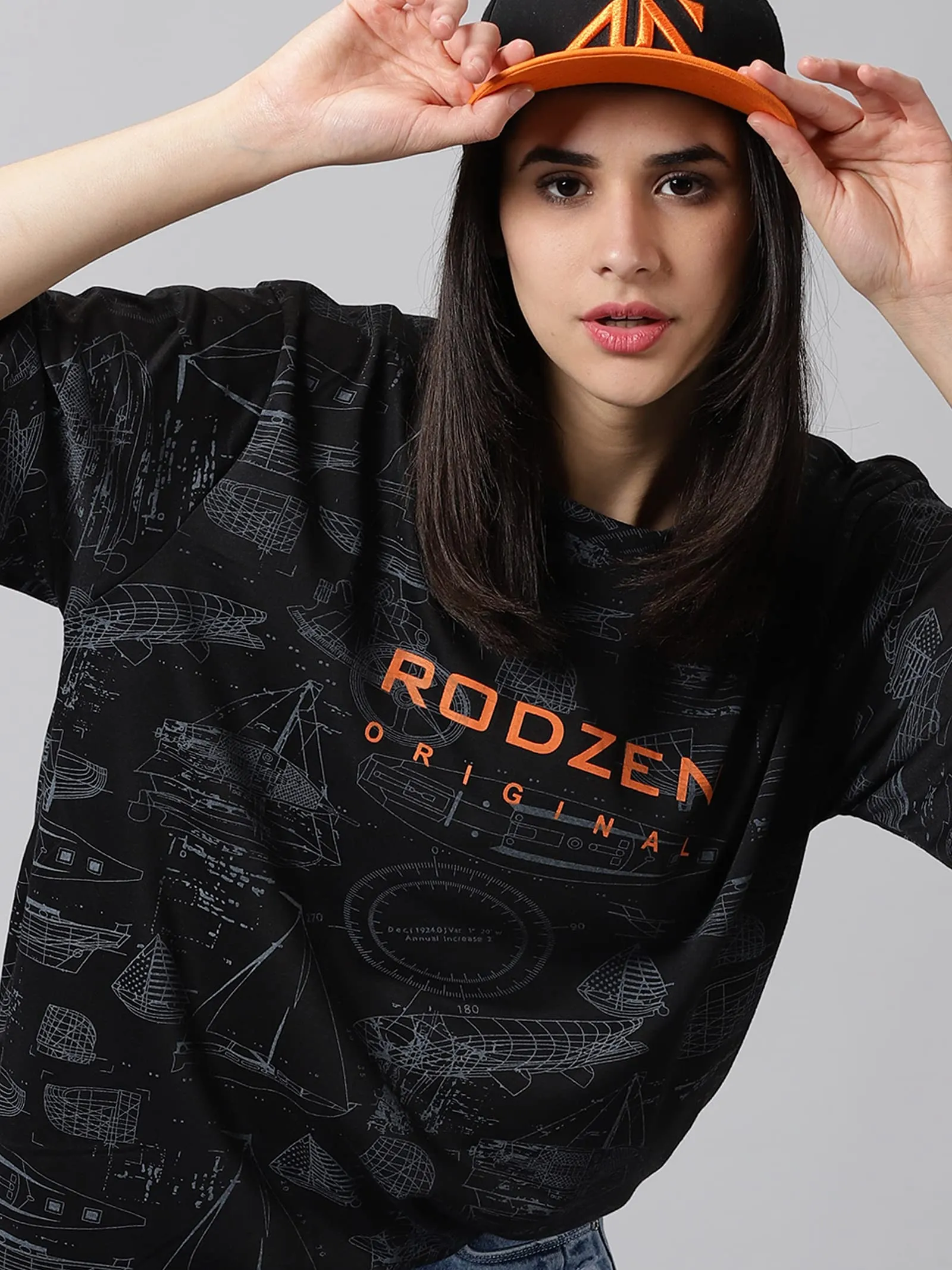 RodZen Oversized Loose Fit Cotton Blend Round Neck Boat Printed T-Shirt for Womens/Girls (Black, XL)