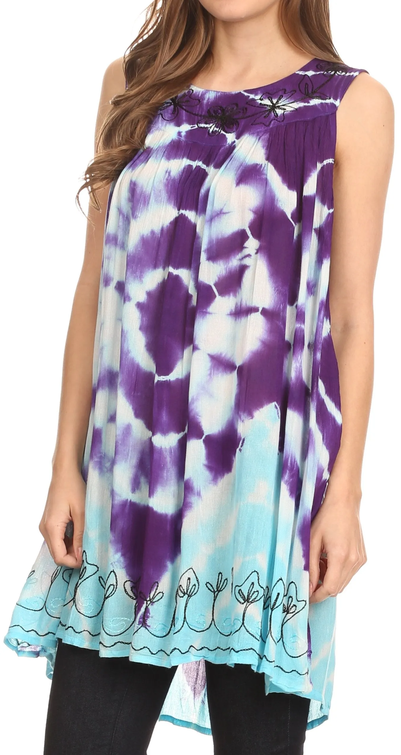 Sakkas Aspen Ombre Tie Dye Floral Embroidered Tank Top Blouse / Top