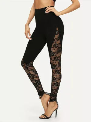 Sexy High Waist Black Lace Leggings Women's Ladies Floral Lace Side Panel Cut Out Black Leggings S-2XL