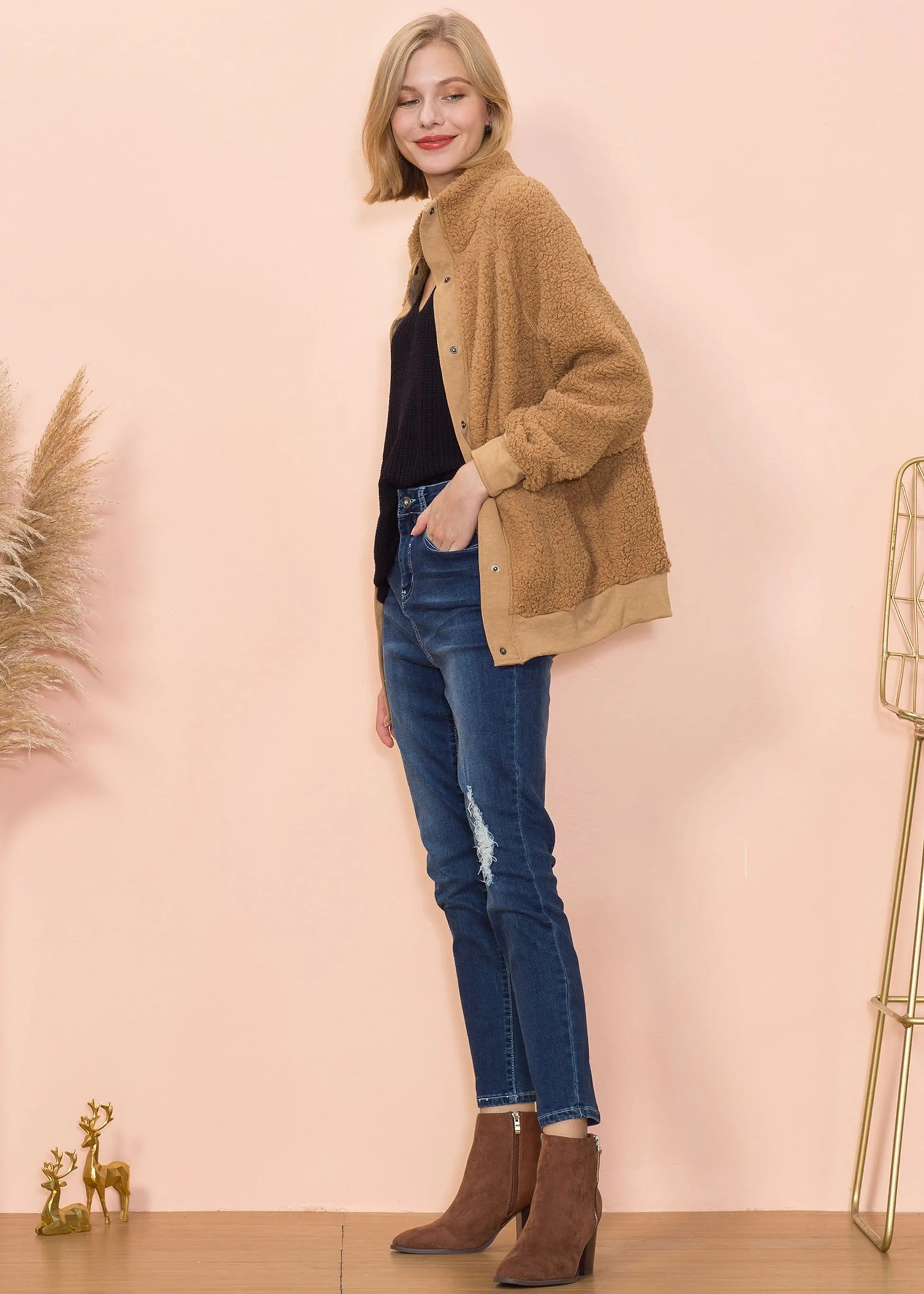 Solid Color Shearling Teddy Jacket