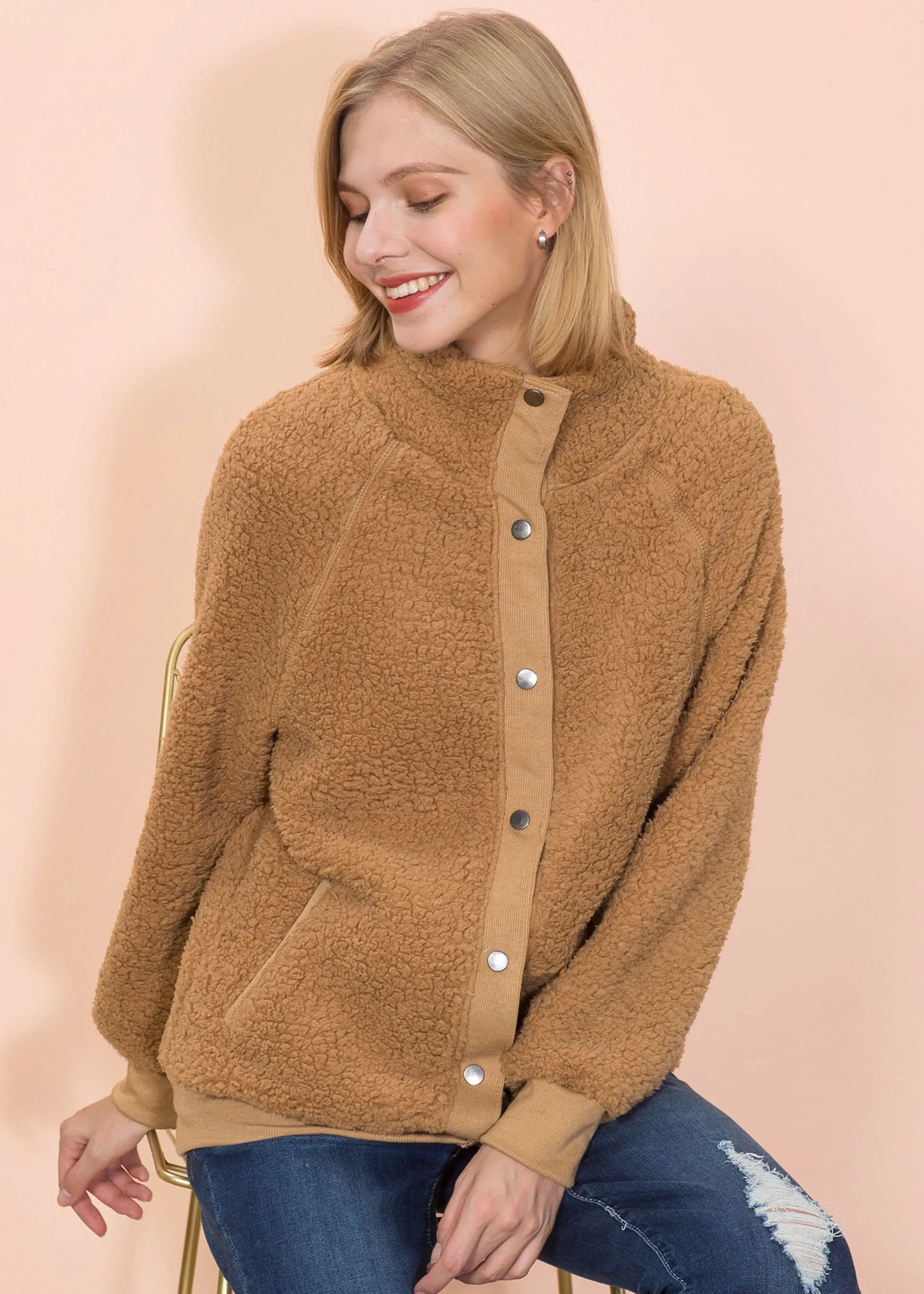 Solid Color Shearling Teddy Jacket