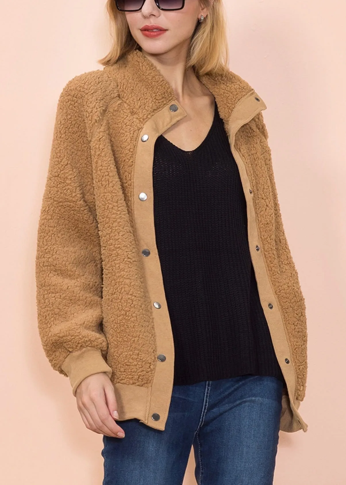 Solid Color Shearling Teddy Jacket