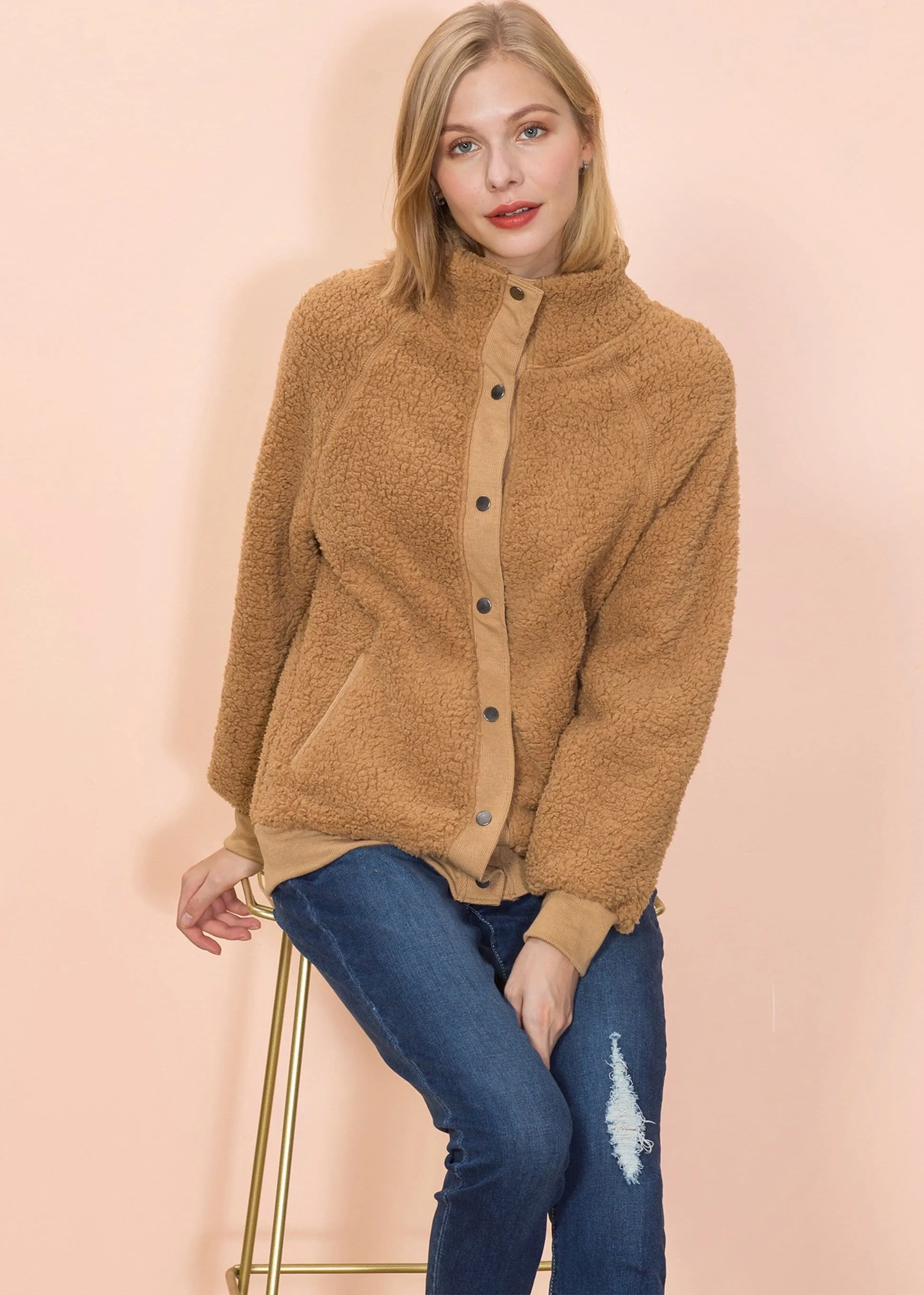 Solid Color Shearling Teddy Jacket