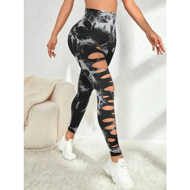 Tie Dye Yogo Gym Leggings Women Seamless Sport Tights Leggings High Waist Hollow Out Butt Lift Workout Trainning Jogging Pants