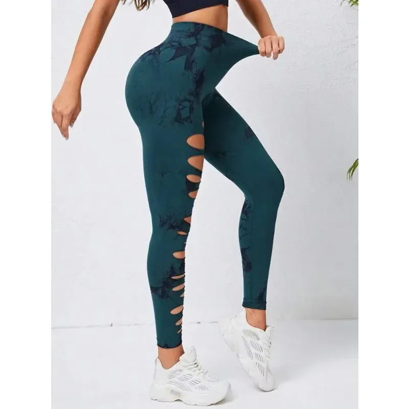 Tie Dye Yogo Gym Leggings Women Seamless Sport Tights Leggings High Waist Hollow Out Butt Lift Workout Trainning Jogging Pants