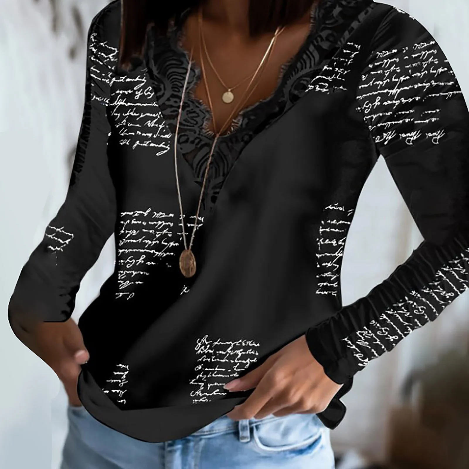 V-neck casual lace stitching long-sleeved top