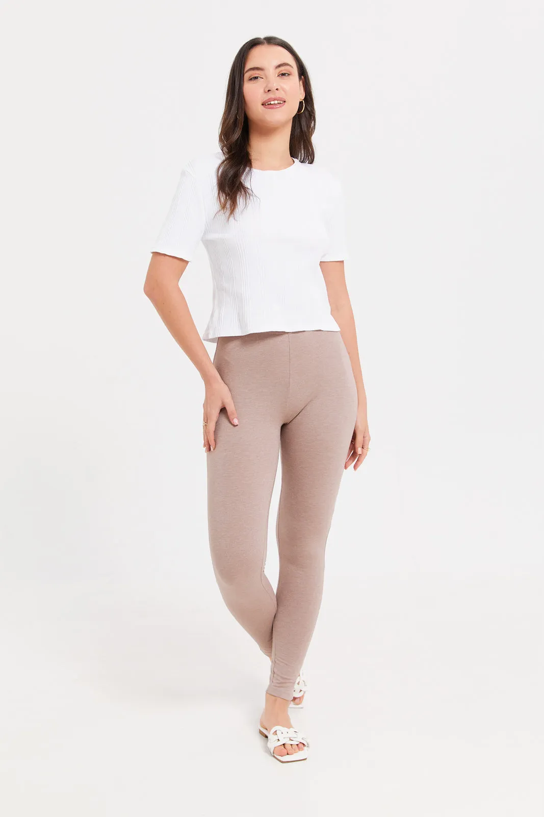 Women Brown And Beige Solid Leggings (Pack of 2)