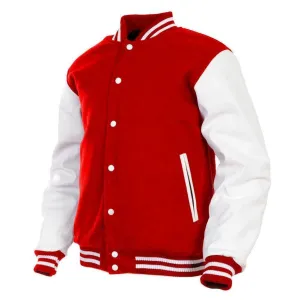 Women Varsity Jacket Wool Genuine Cowhide Leather Red/White