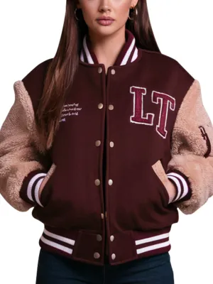 Women's Brown Varsity Jacket With Teddy Bear Sleeve Design