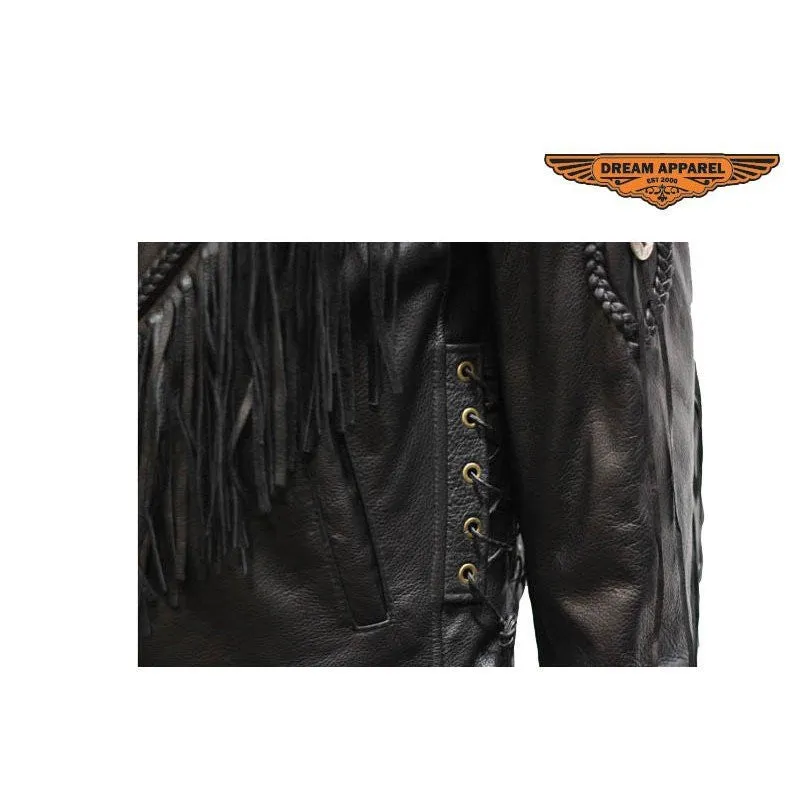 Womens Naked Cowhide Biker Jacket Zip Out Lining Side laces, Fringes, Conchos