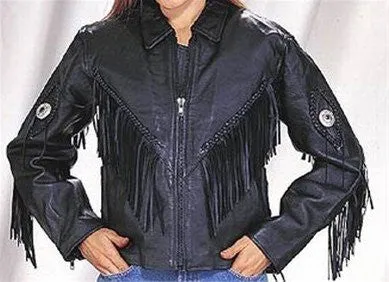 Womens Naked Cowhide Biker Jacket Zip Out Lining Side laces, Fringes, Conchos